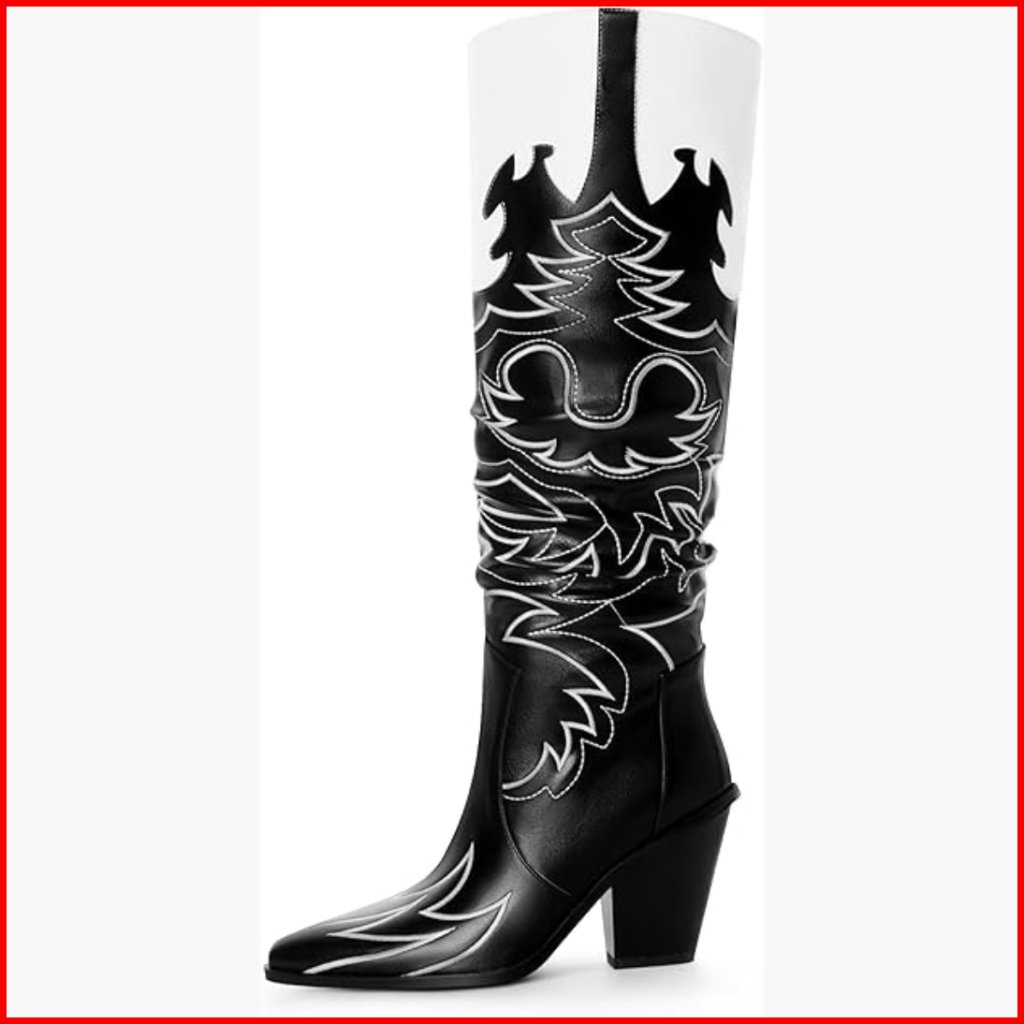 Knee High Cowgirl Boots With Chunky Heel, Side Zipper, Embroidery